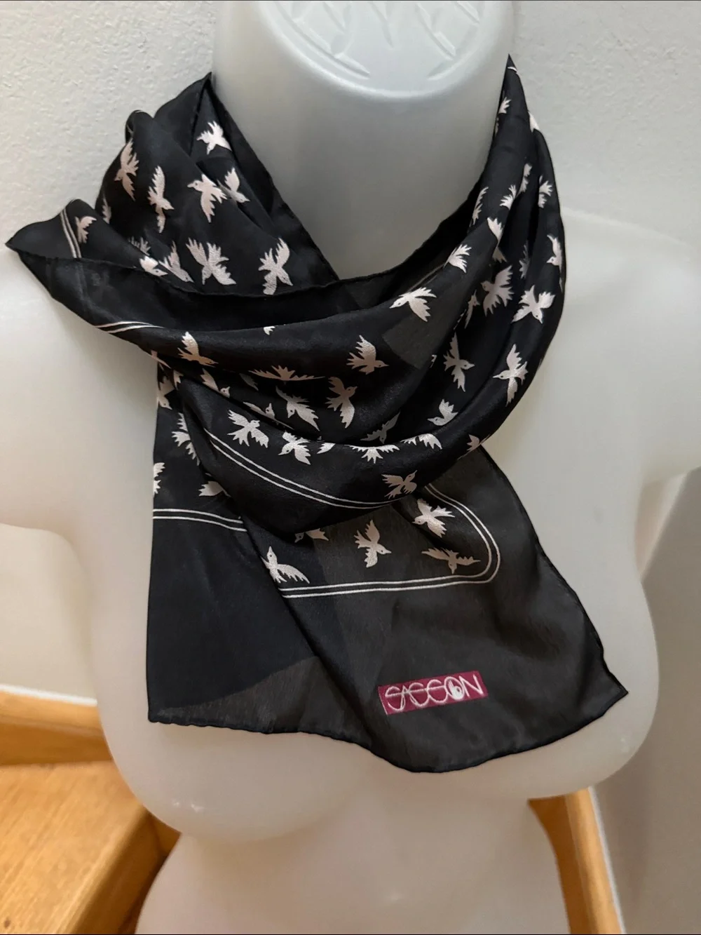 Vintage Sasson Flying Birds Silk Oblong Scarf Black Cream Oblong 10x34 Neck Wrap